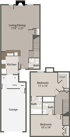 Floor plan for 2 beds, 2.5 baths, 1144 sqft